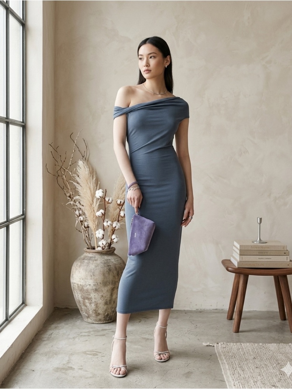 Reformation Jamen Knit Dress Flint Off Shoulder Ruched XS NWT